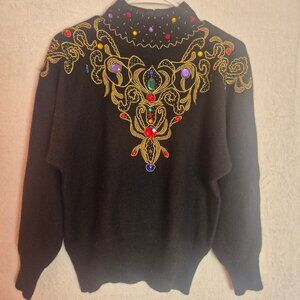 Vintage Lord & Taylor Beaded Embroidered Angora Lambswool Rabbit Hair Sweater S